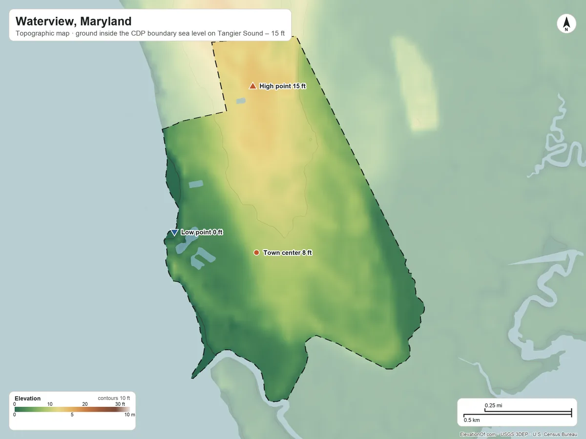 Topographic elevation map of Waterview, Maryland, shaded from sea level level on Tangier Sound to 15 ft on the north side