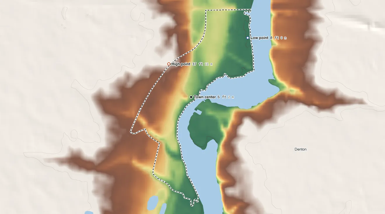 Topographic elevation map of West Denton, Maryland, shaded from 0 ft on the northeast side to 37 ft on the northwest side