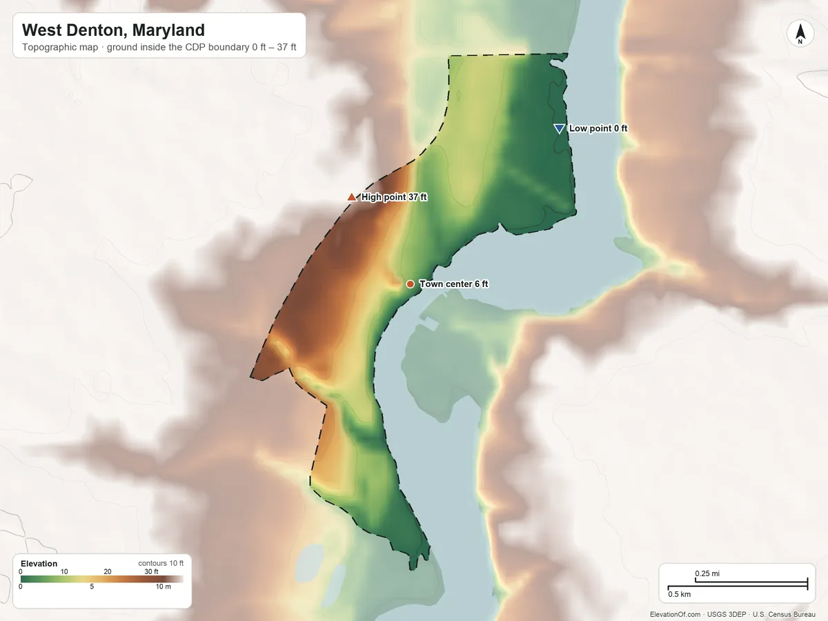 Topographic elevation map of West Denton, Maryland, shaded from 0 ft on the northeast side to 37 ft on the northwest side