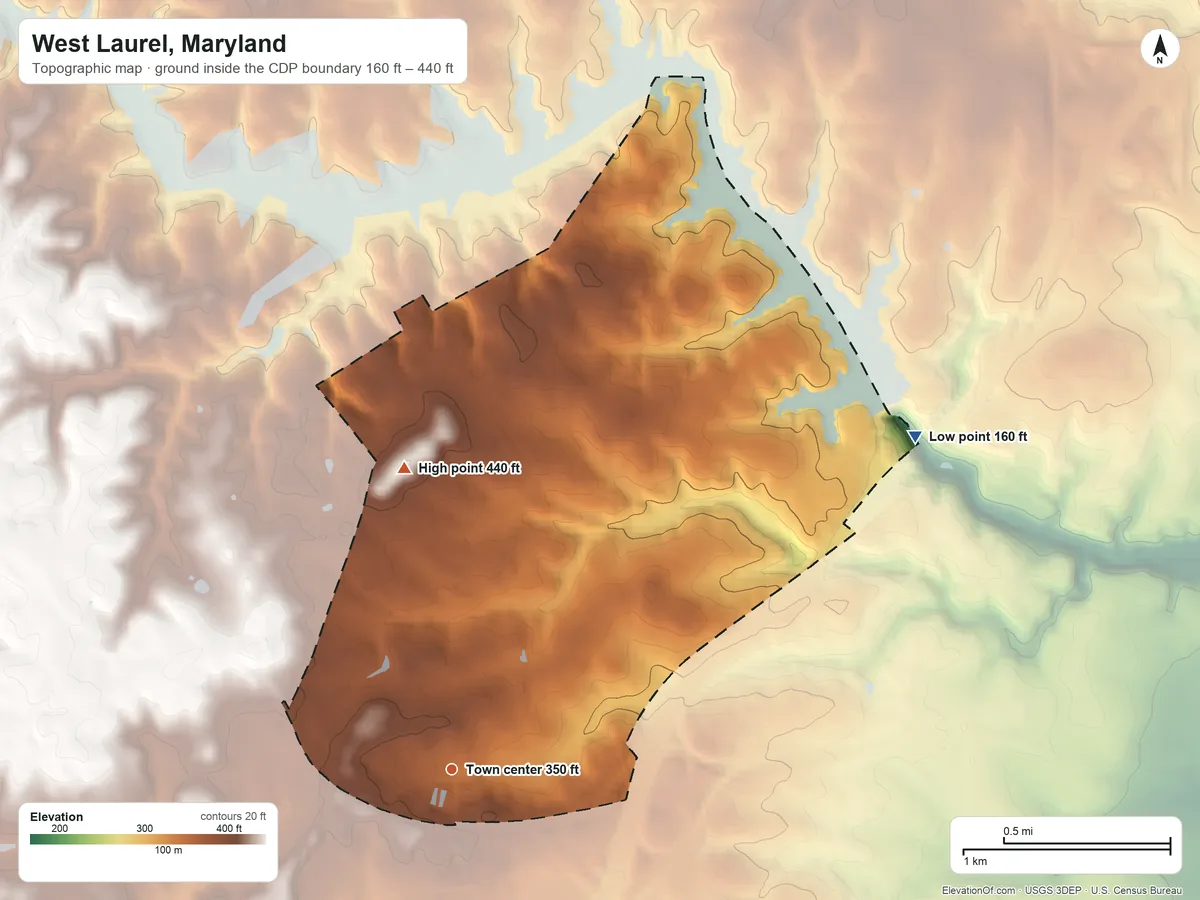 Topographic elevation map of West Laurel, Maryland, shaded from 160 ft on the northeast side to 440 ft on the north side