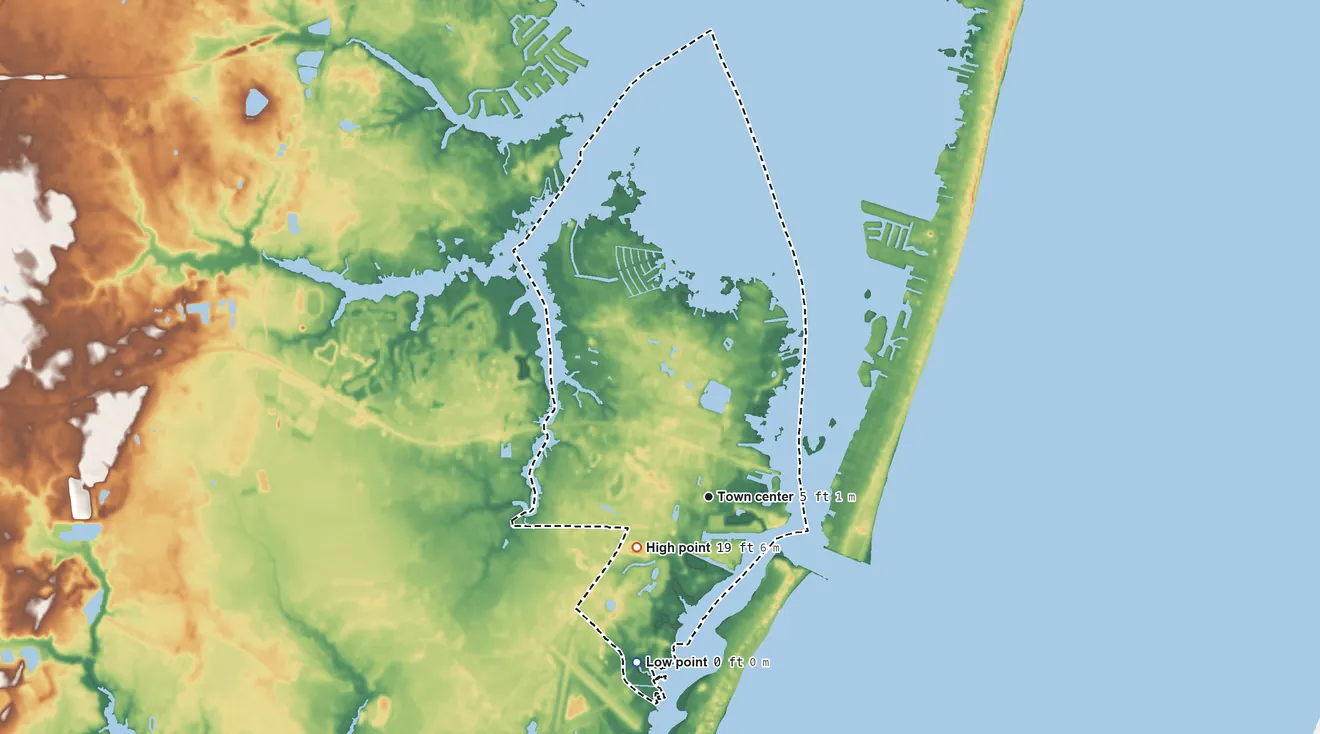Topographic elevation map of West Ocean City, Maryland, shaded from sea level level on Sinepuxent Bay to 19 ft on the southwest side