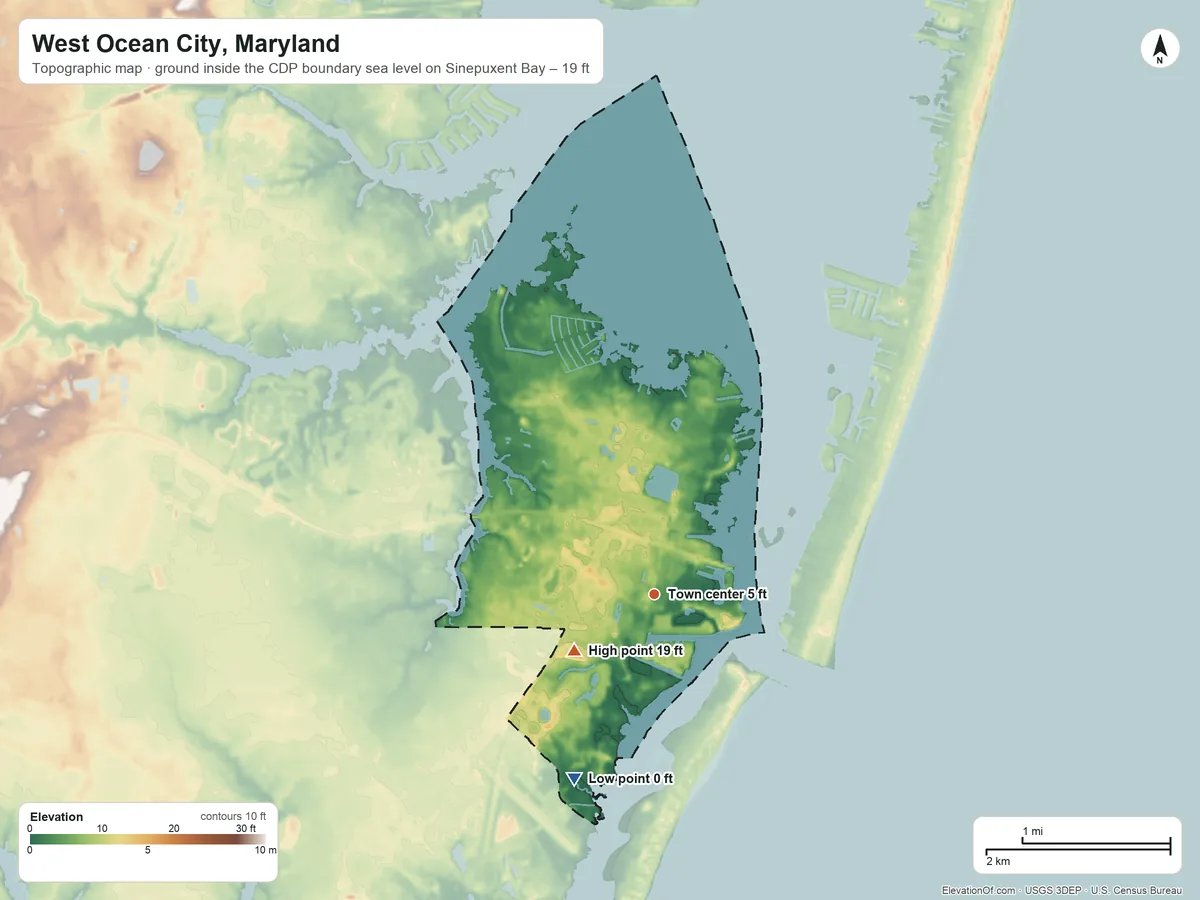 Topographic elevation map of West Ocean City, Maryland, shaded from sea level level on Sinepuxent Bay to 19 ft on the southwest side