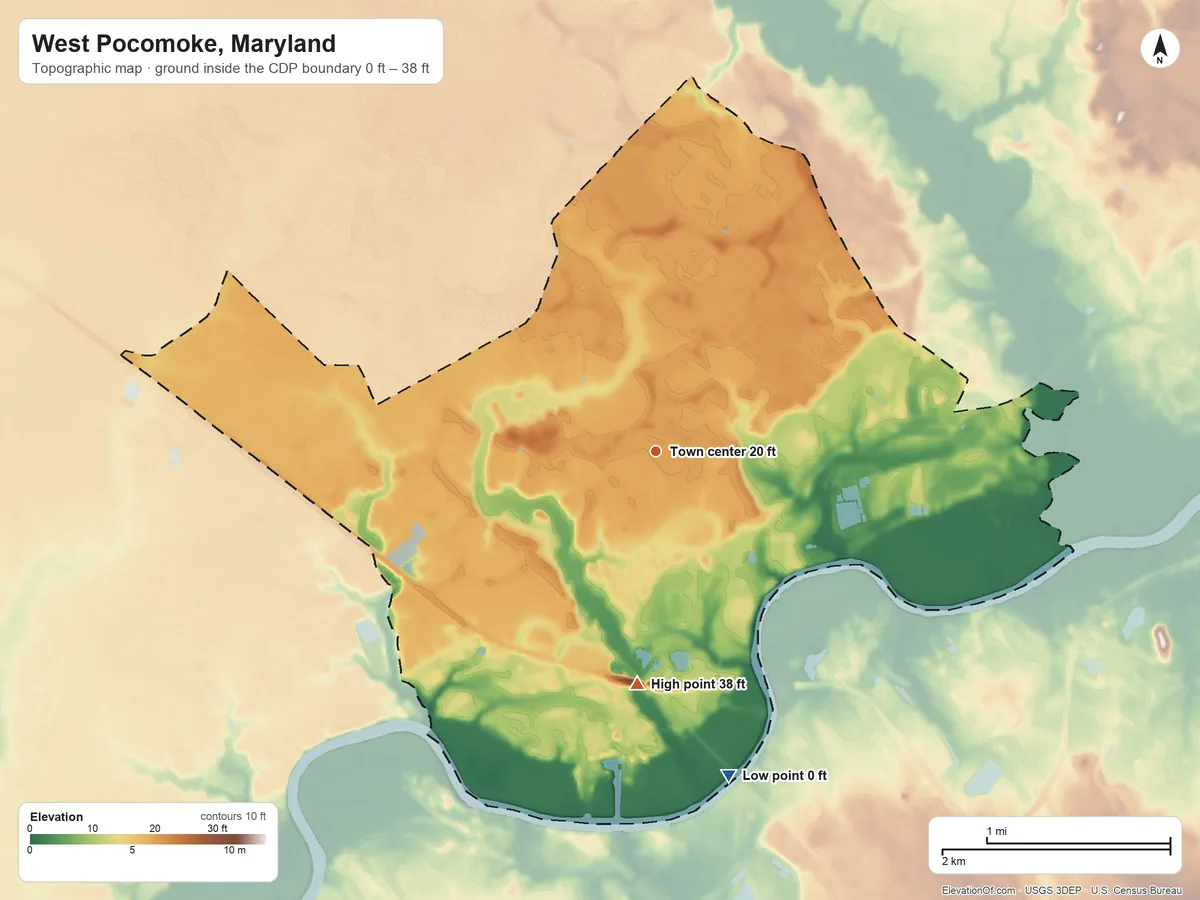 Topographic elevation map of West Pocomoke, Maryland, shaded from 0 ft on the south side to 38 ft on the south side