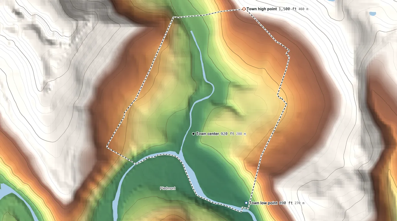 Topographic elevation map of Westernport, Maryland, shaded from 890 ft on the southeast side to 1,500 ft on the north edge, below higher ground just outside
