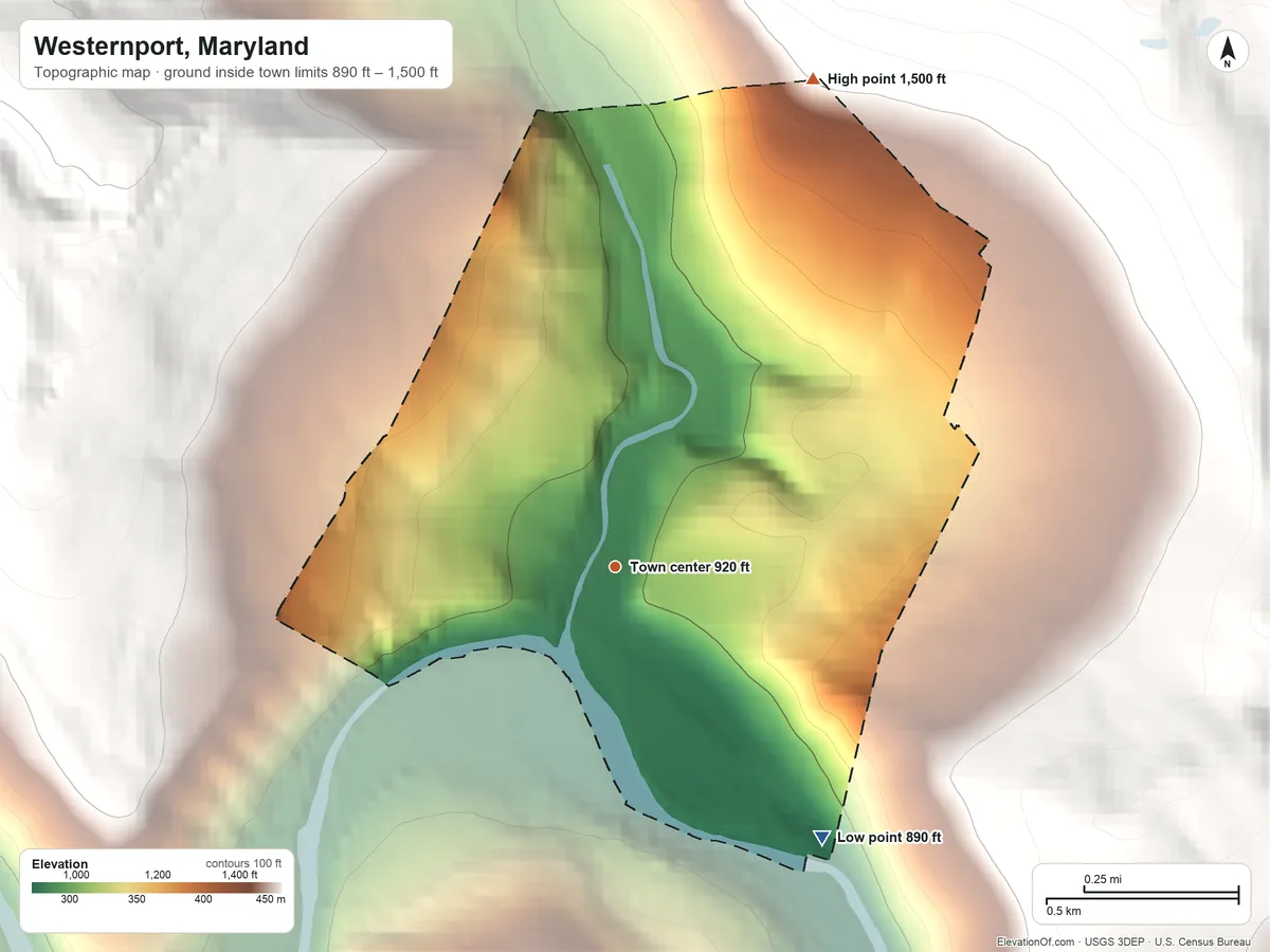 Topographic elevation map of Westernport, Maryland, shaded from 890 ft on the southeast side to 1,500 ft on the north edge, below higher ground just outside