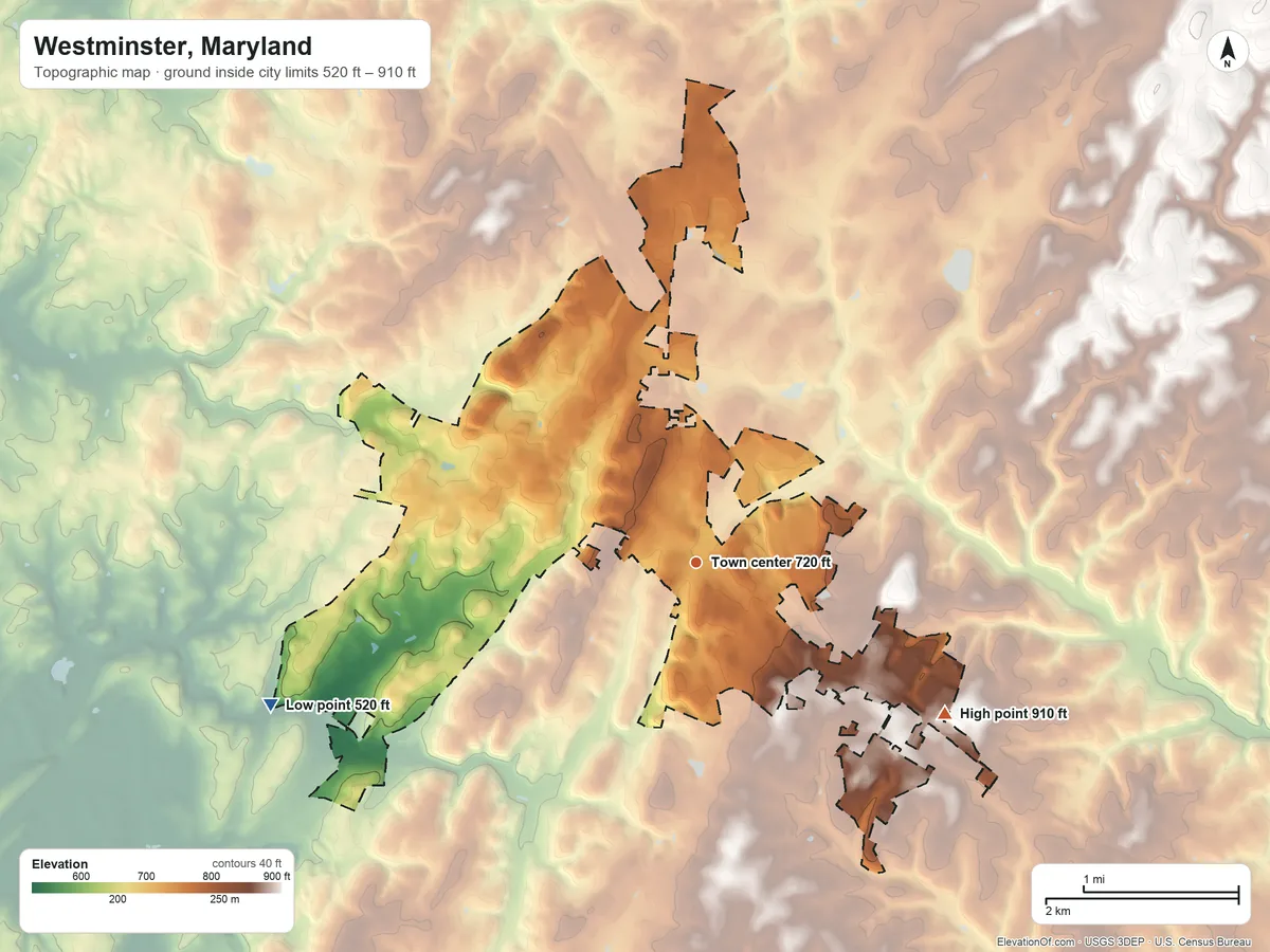 Topographic elevation map of Westminster, Maryland, shaded from 520 ft on the west side to 910 ft on the southeast side