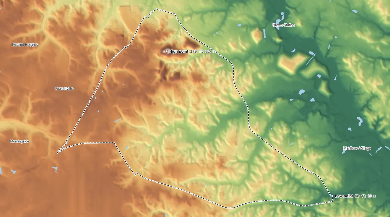Topographic elevation map of Westphalia, Maryland, shaded from 60 ft on the east side to 370 ft on the north side