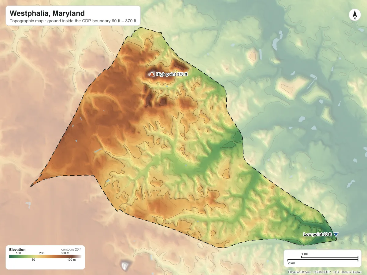 Topographic elevation map of Westphalia, Maryland, shaded from 60 ft on the east side to 370 ft on the north side