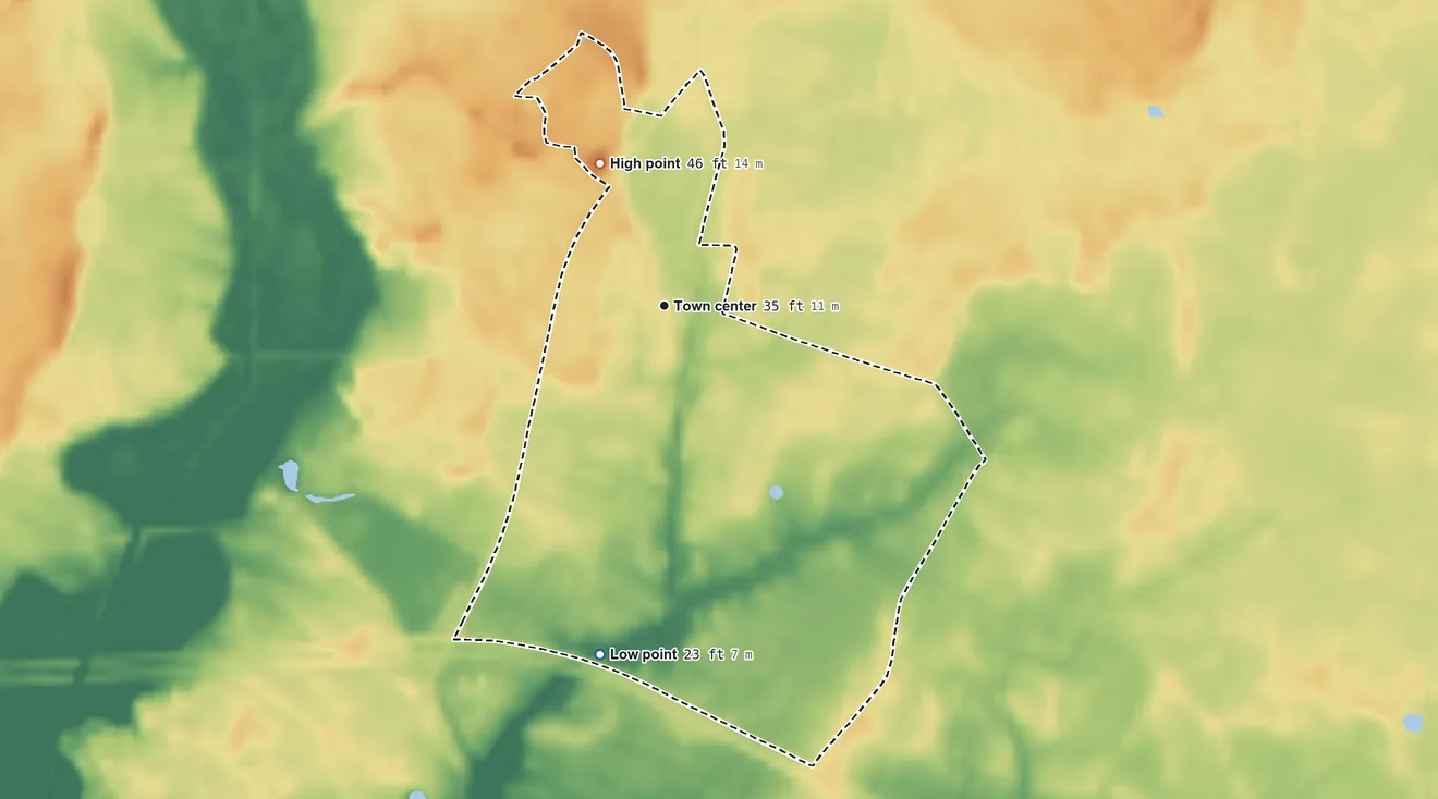 Topographic elevation map of Whaleyville, Maryland, shaded from 23 ft on the south side to 46 ft on the northwest side