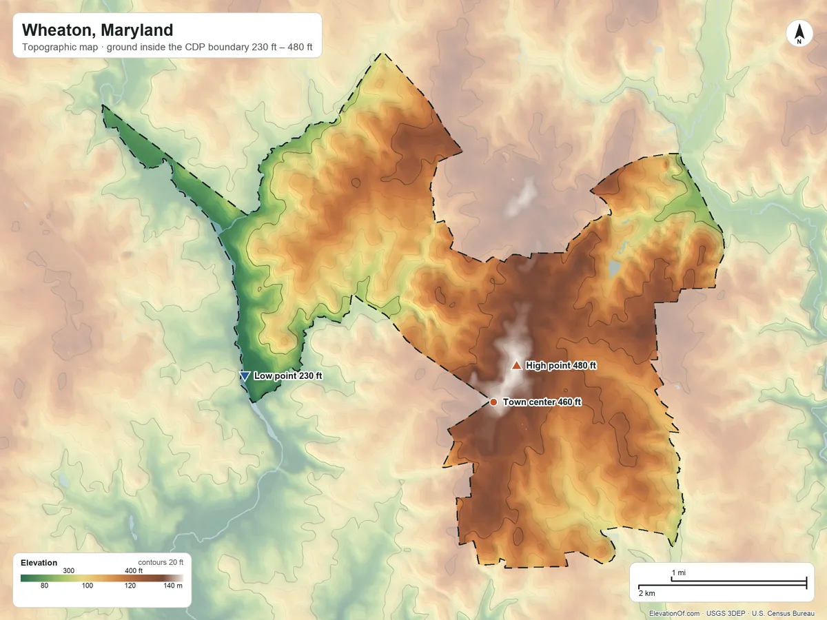 Topographic elevation map of Wheaton, Maryland, shaded from 230 ft on the west side to 480 ft near the middle