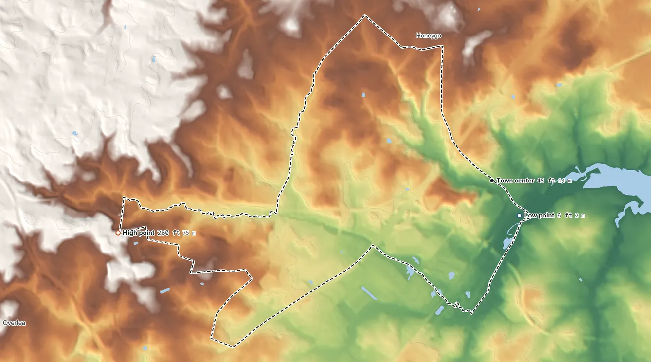 Topographic elevation map of White Marsh, Maryland, shaded from 6 ft near the middle to 250 ft on the west side