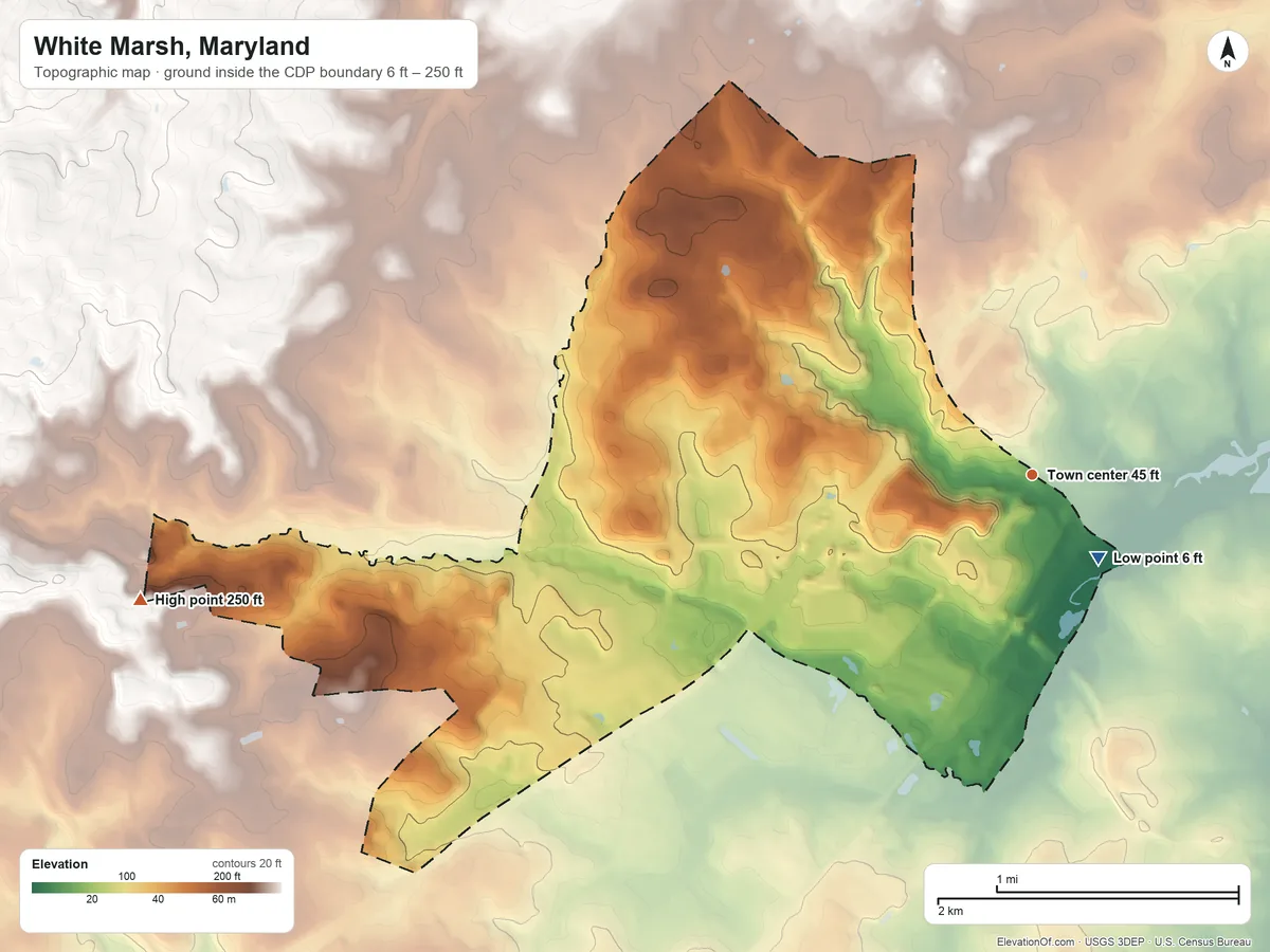 Topographic elevation map of White Marsh, Maryland, shaded from 6 ft near the middle to 250 ft on the west side