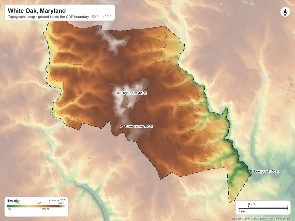 Topographic elevation map of White Oak, Maryland, shaded from 150 ft on the east side to 420 ft on the north side