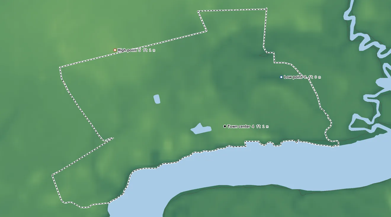 Topographic elevation map of Whitehaven, Maryland, shaded from 0 ft on the northeast side to 5 ft on the northwest side