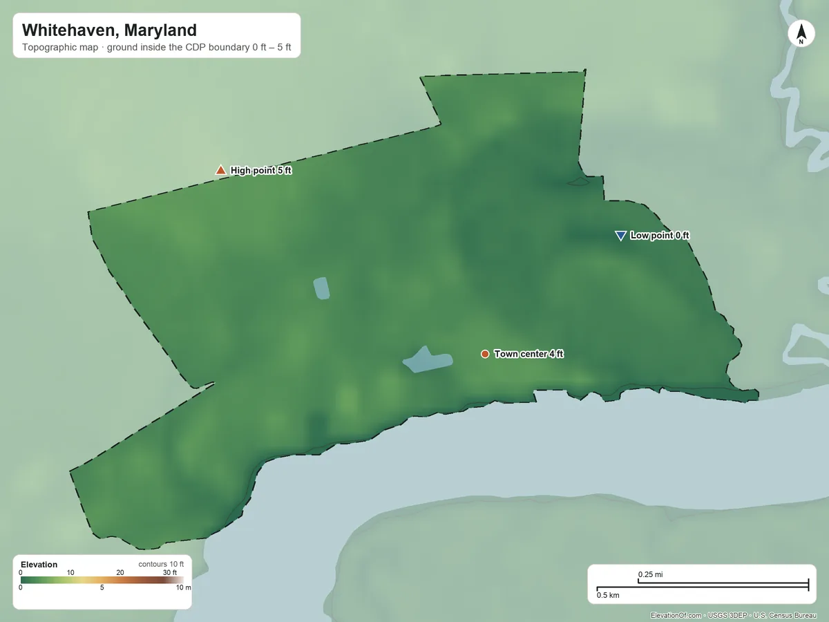 Topographic elevation map of Whitehaven, Maryland, shaded from 0 ft on the northeast side to 5 ft on the northwest side