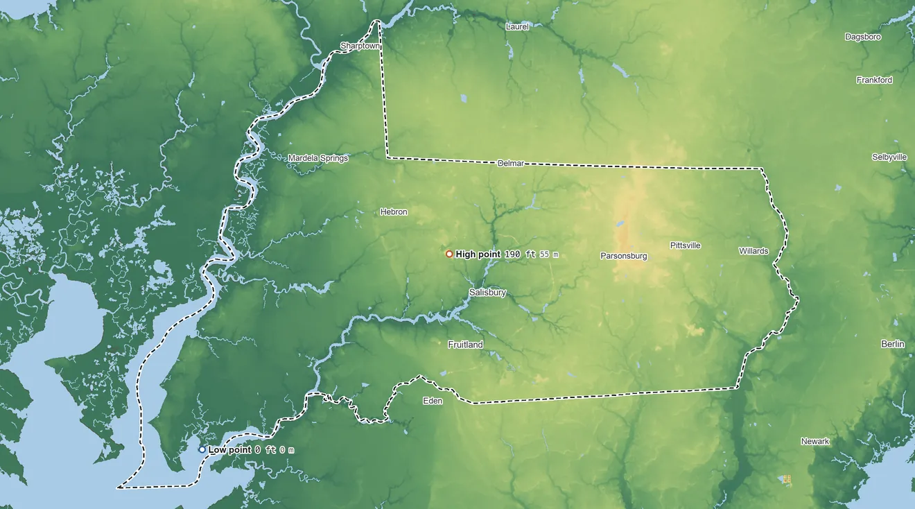 Topographic elevation map of Wicomico County, Maryland, shaded from sea level on Monie Bay to 190 ft near the middle