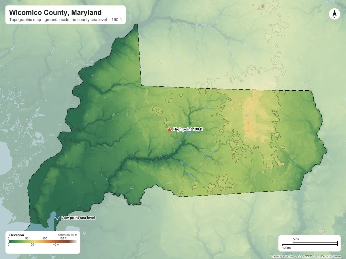 Topographic elevation map of Wicomico County, Maryland, shaded from sea level on Monie Bay to 190 ft near the middle