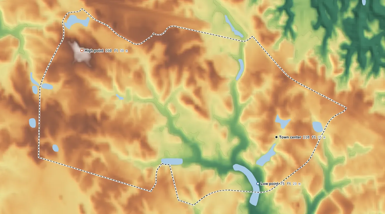 Topographic elevation map of Wildewood, Maryland, shaded from 75 ft on the south side to 160 ft on the northwest side