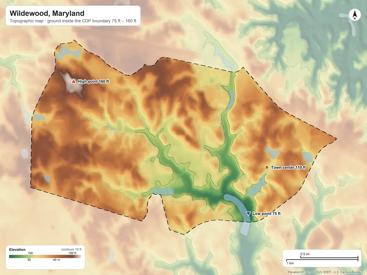 Topographic elevation map of Wildewood, Maryland, shaded from 75 ft on the south side to 160 ft on the northwest side