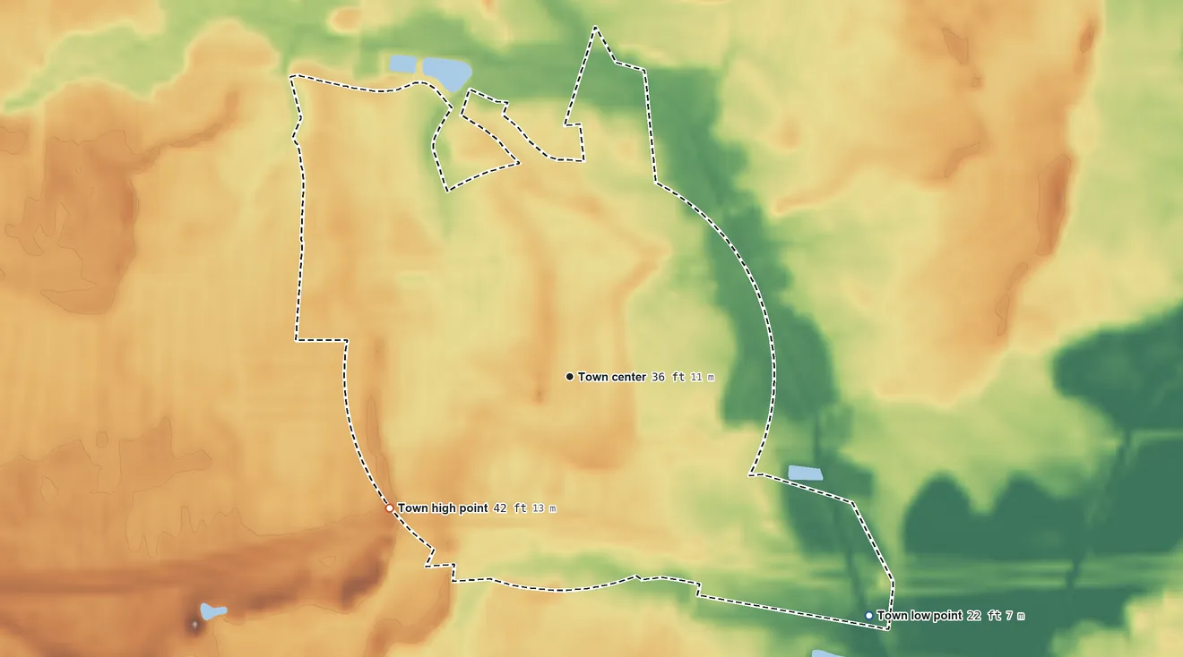 Topographic elevation map of Willards, Maryland, shaded from 22 ft on the southeast side to 42 ft on the southwest side