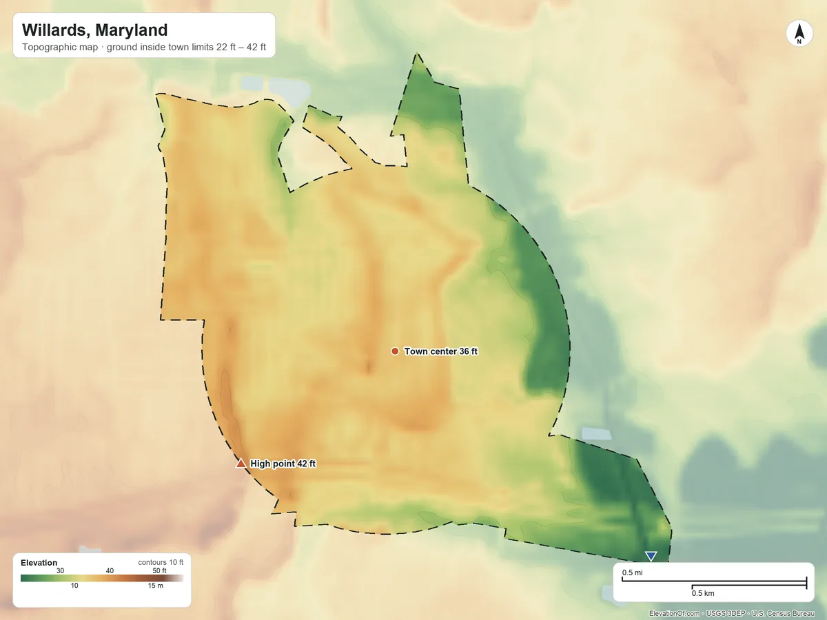 Topographic elevation map of Willards, Maryland, shaded from 22 ft on the southeast side to 42 ft on the southwest side