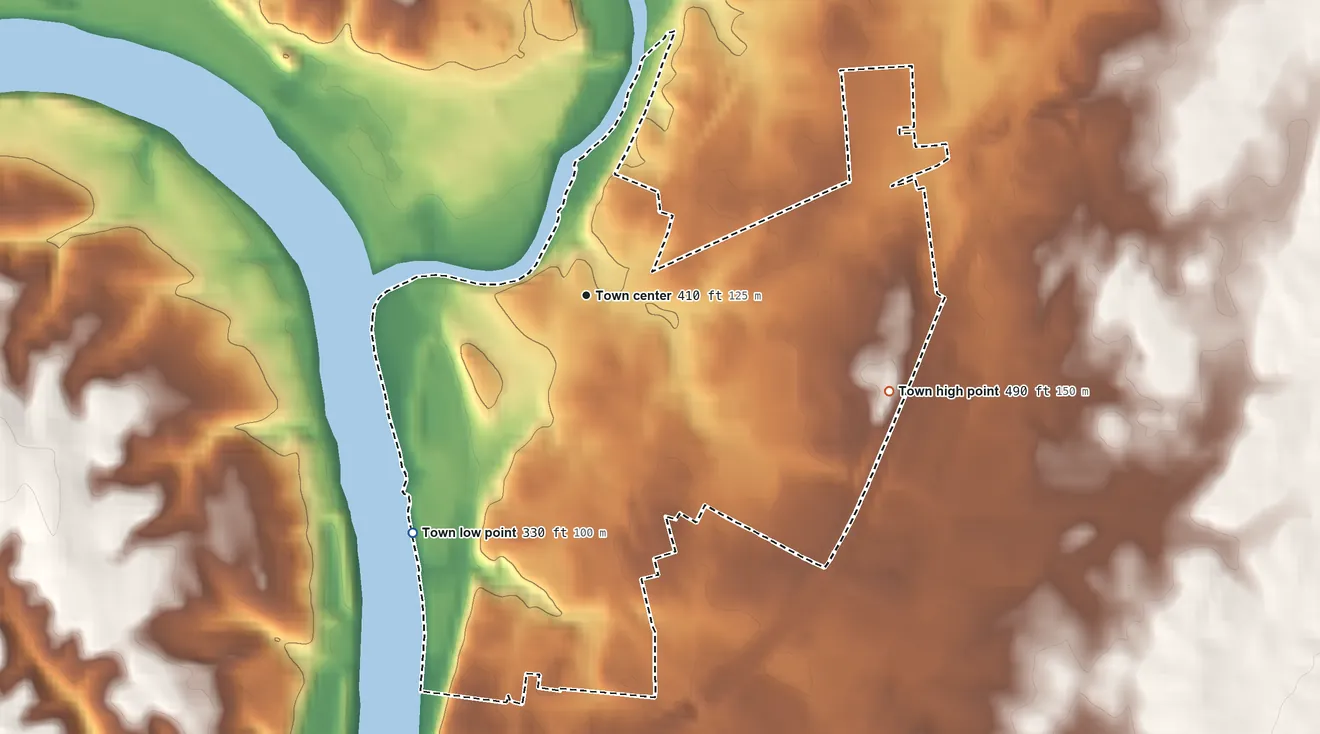 Topographic elevation map of Williamsport, Maryland, shaded from 330 ft on the southwest side to 490 ft on the east side
