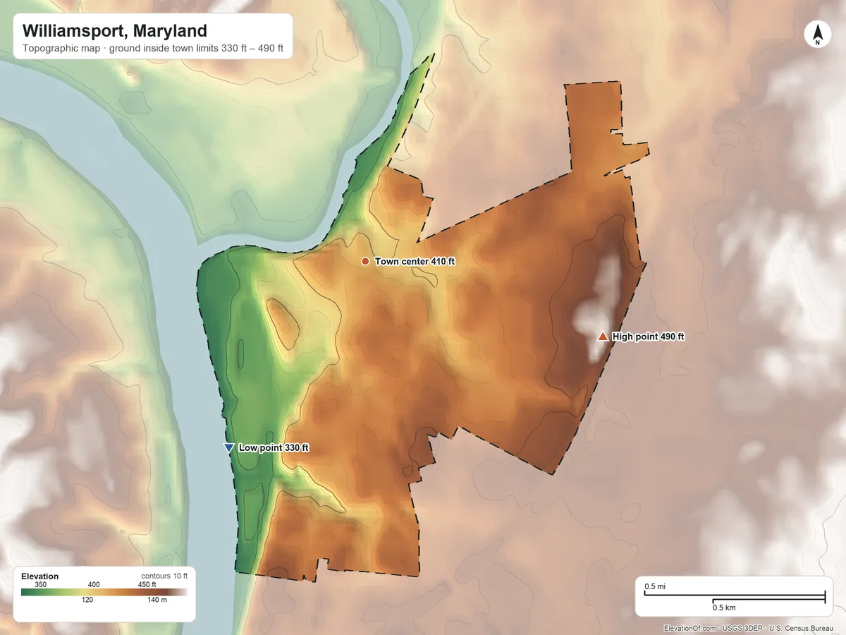 Topographic elevation map of Williamsport, Maryland, shaded from 330 ft on the southwest side to 490 ft on the east side