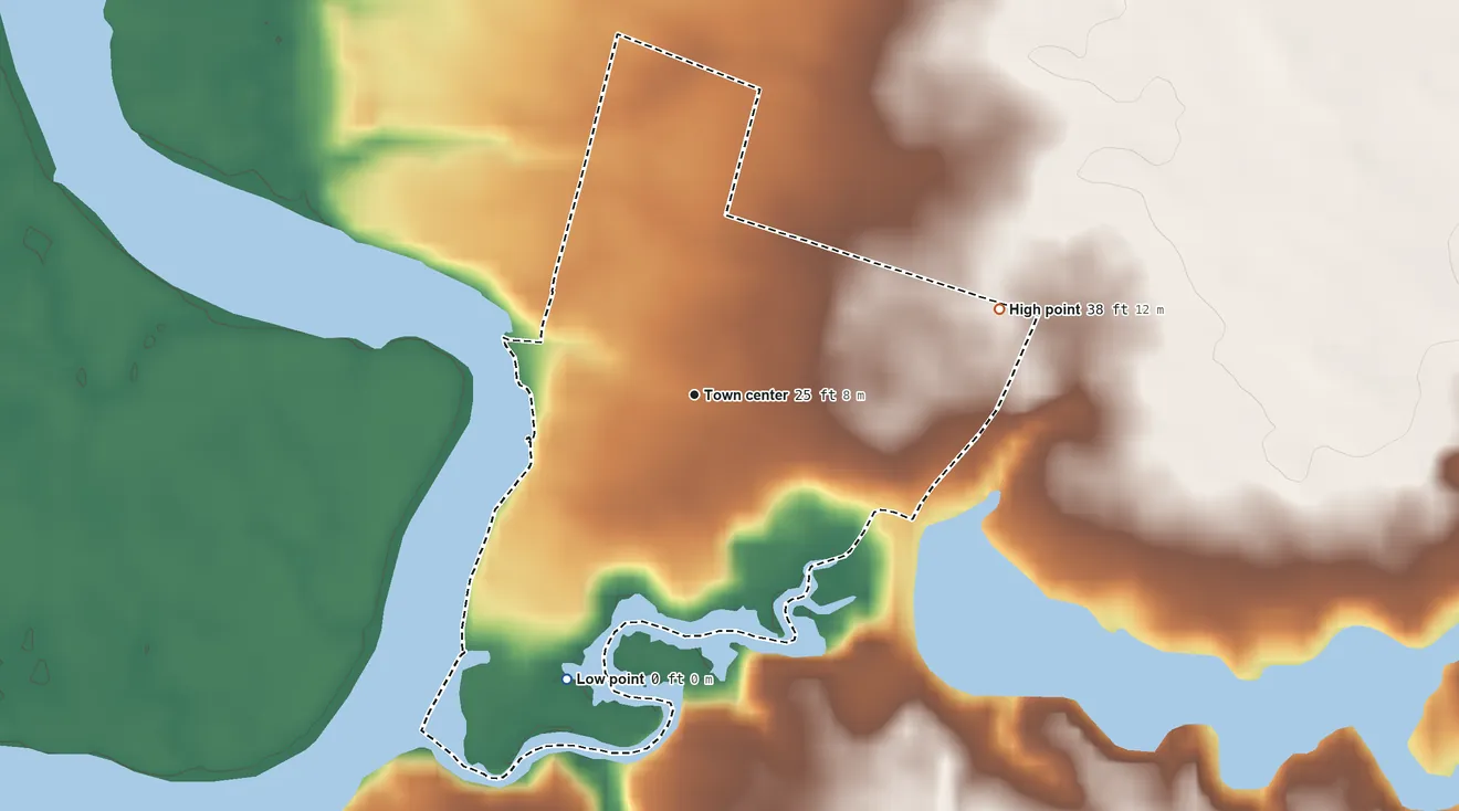 Topographic elevation map of Williston, Maryland, shaded from 0 ft on the southwest side to 38 ft on the east side