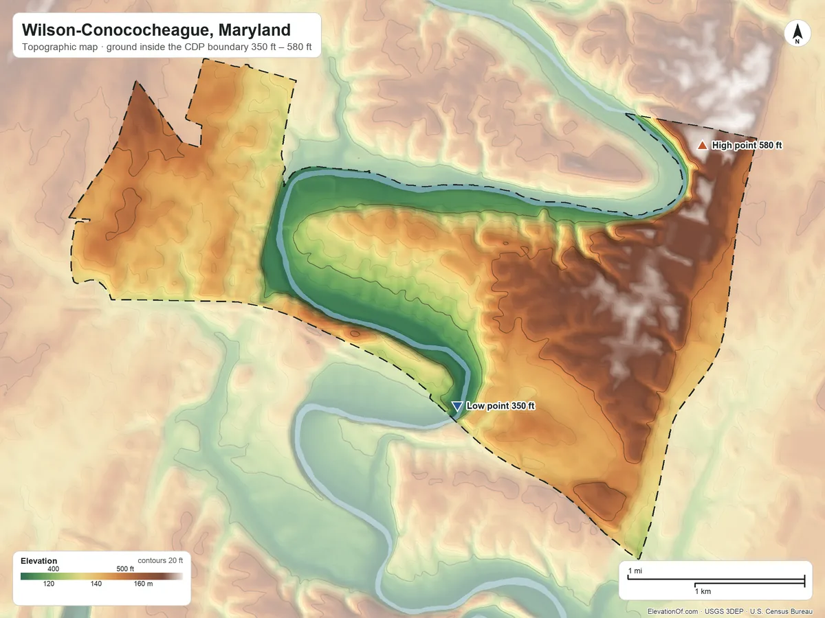 Topographic elevation map of Wilson-Conococheague, Maryland, shaded from 350 ft on the south side to 580 ft on the northeast side