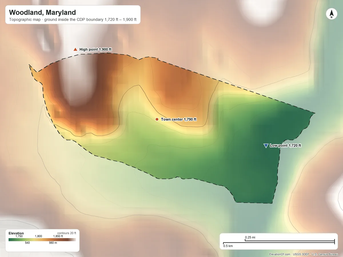 Topographic elevation map of Woodland, Maryland, shaded from 1,720 ft on the east side to 1,900 ft on the northwest edge, below higher ground just outside