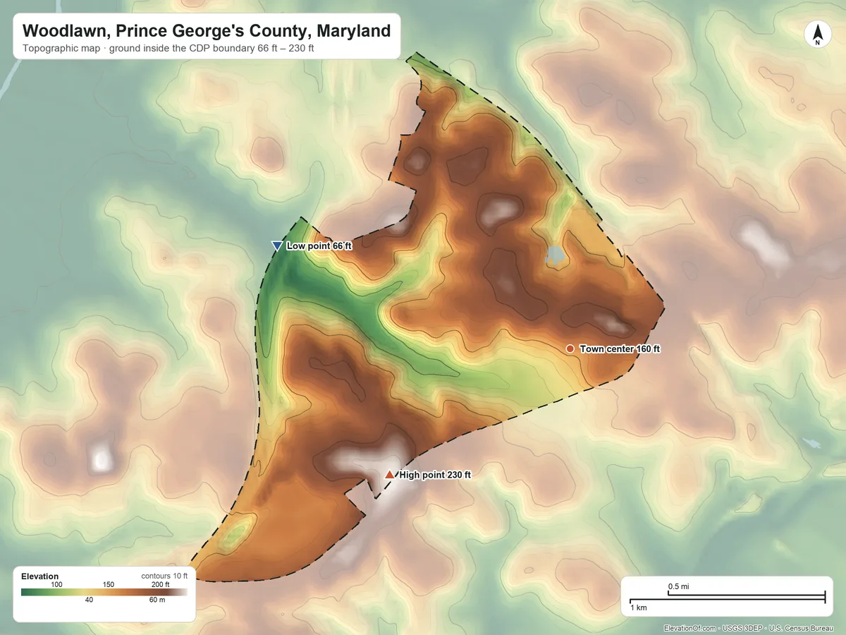 Topographic elevation map of Woodlawn, Prince George's County, Maryland, shaded from 66 ft on the west side to 230 ft on the southwest side