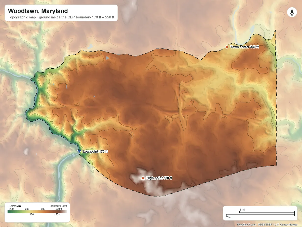 Topographic elevation map of Woodlawn, Maryland, shaded from 170 ft on the southwest side to 550 ft on the southwest side
