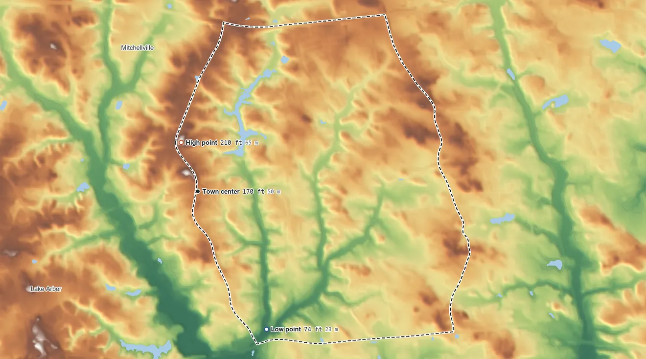 Topographic elevation map of Woodmore, Maryland, shaded from 74 ft on the southeast side to 210 ft on the north side