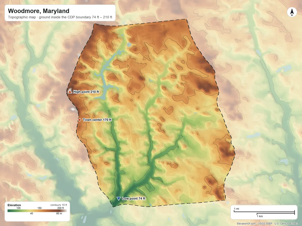 Topographic elevation map of Woodmore, Maryland, shaded from 74 ft on the southeast side to 210 ft on the north side