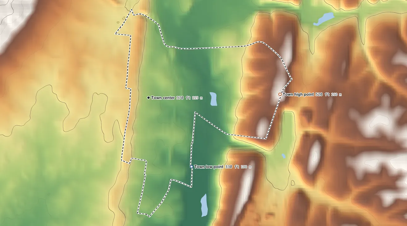 Topographic elevation map of Woodsboro, Maryland, shaded from 330 ft on the southeast side to 520 ft on the east side