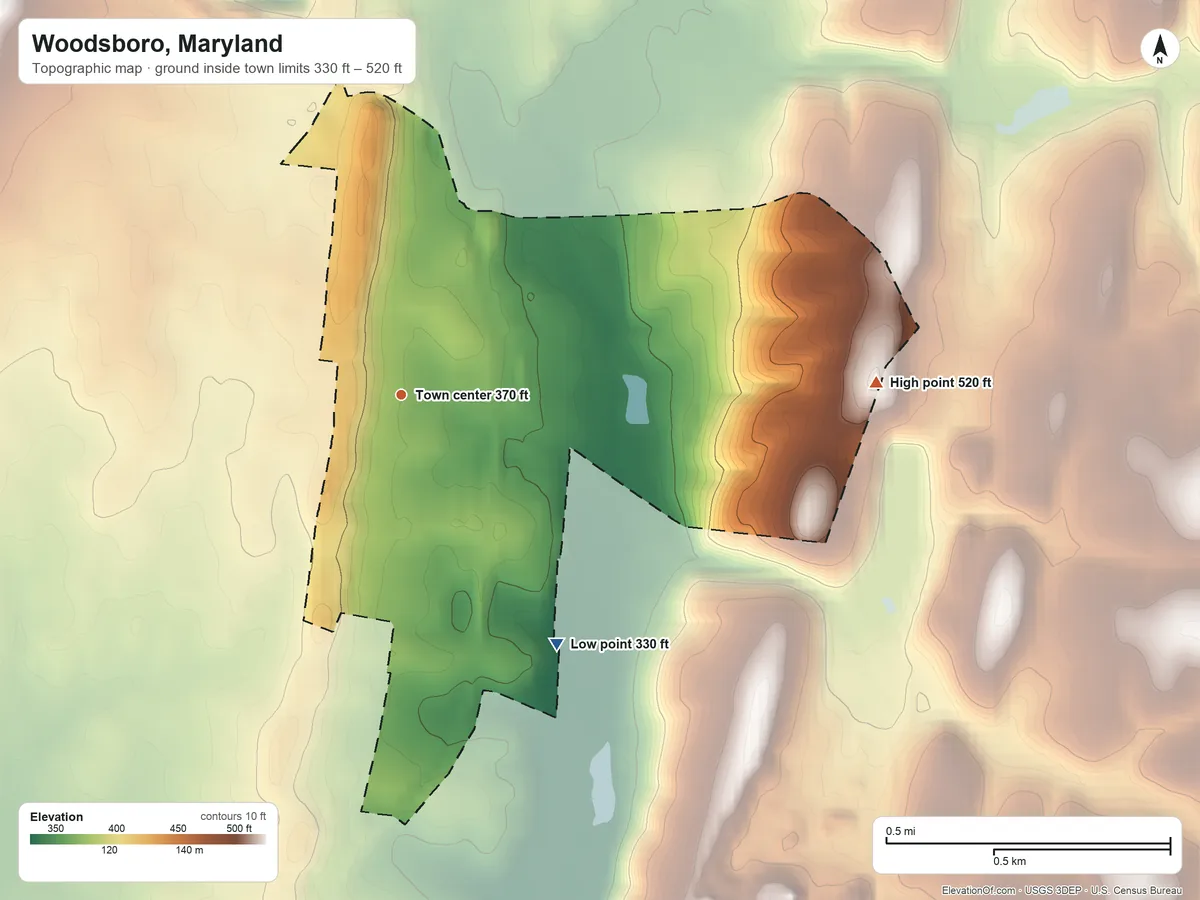 Topographic elevation map of Woodsboro, Maryland, shaded from 330 ft on the southeast side to 520 ft on the east side