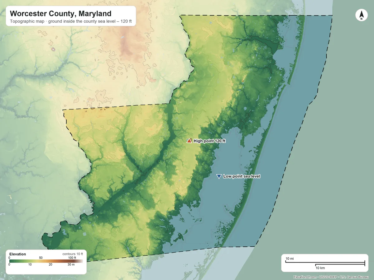 Topographic elevation map of Worcester County, Maryland, shaded from sea level on Chincoteague Bay to 120 ft near the middle