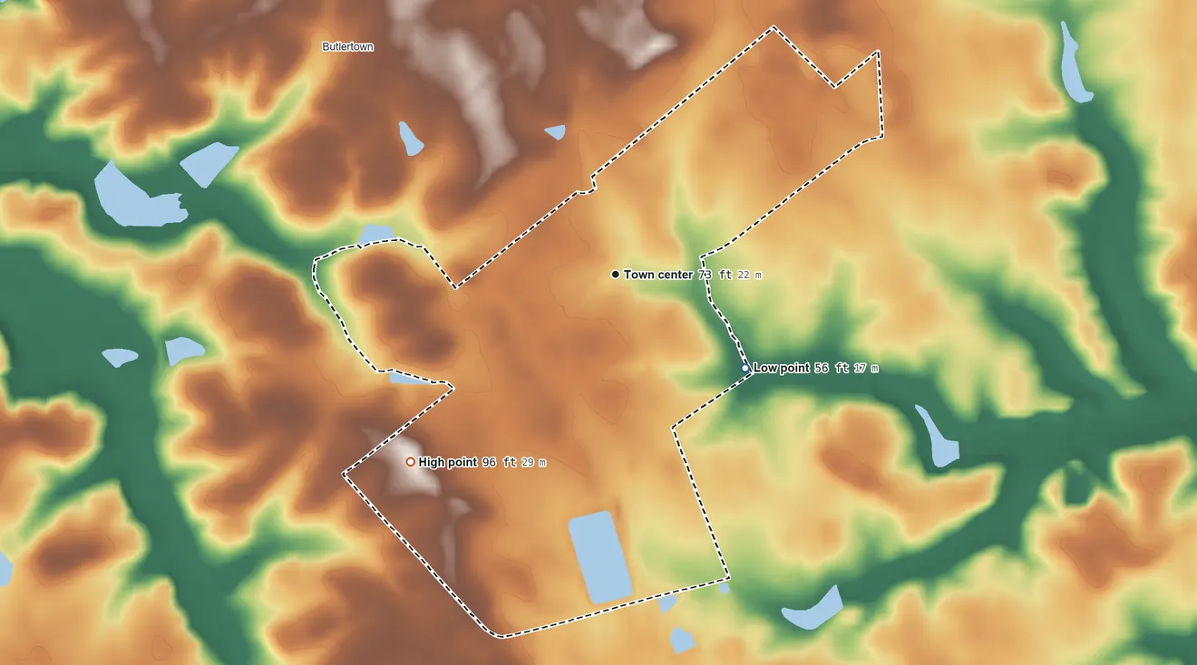 Topographic elevation map of Worton, Maryland, shaded from 56 ft on the southeast side to 96 ft on the southwest side