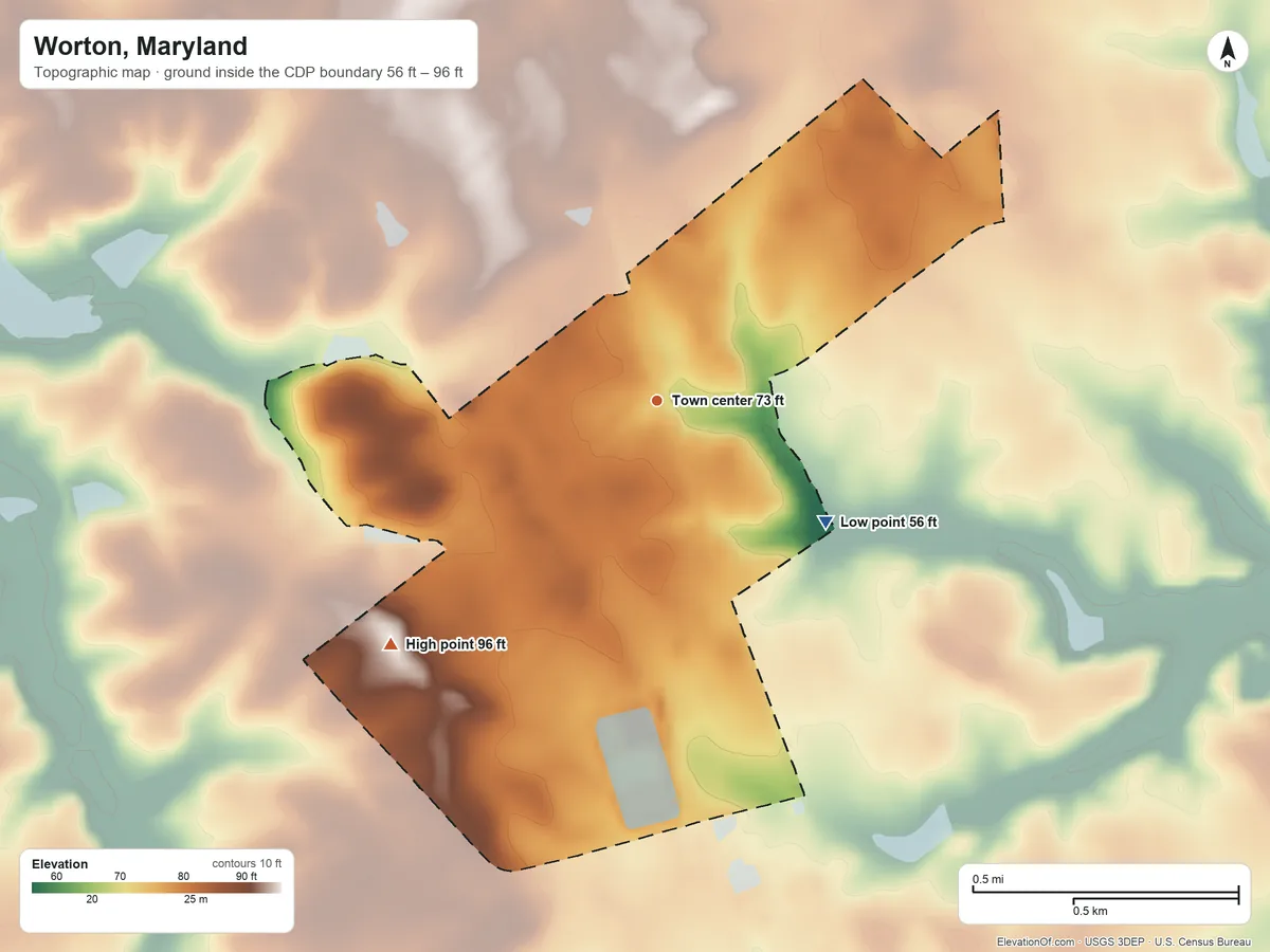 Topographic elevation map of Worton, Maryland, shaded from 56 ft on the southeast side to 96 ft on the southwest side