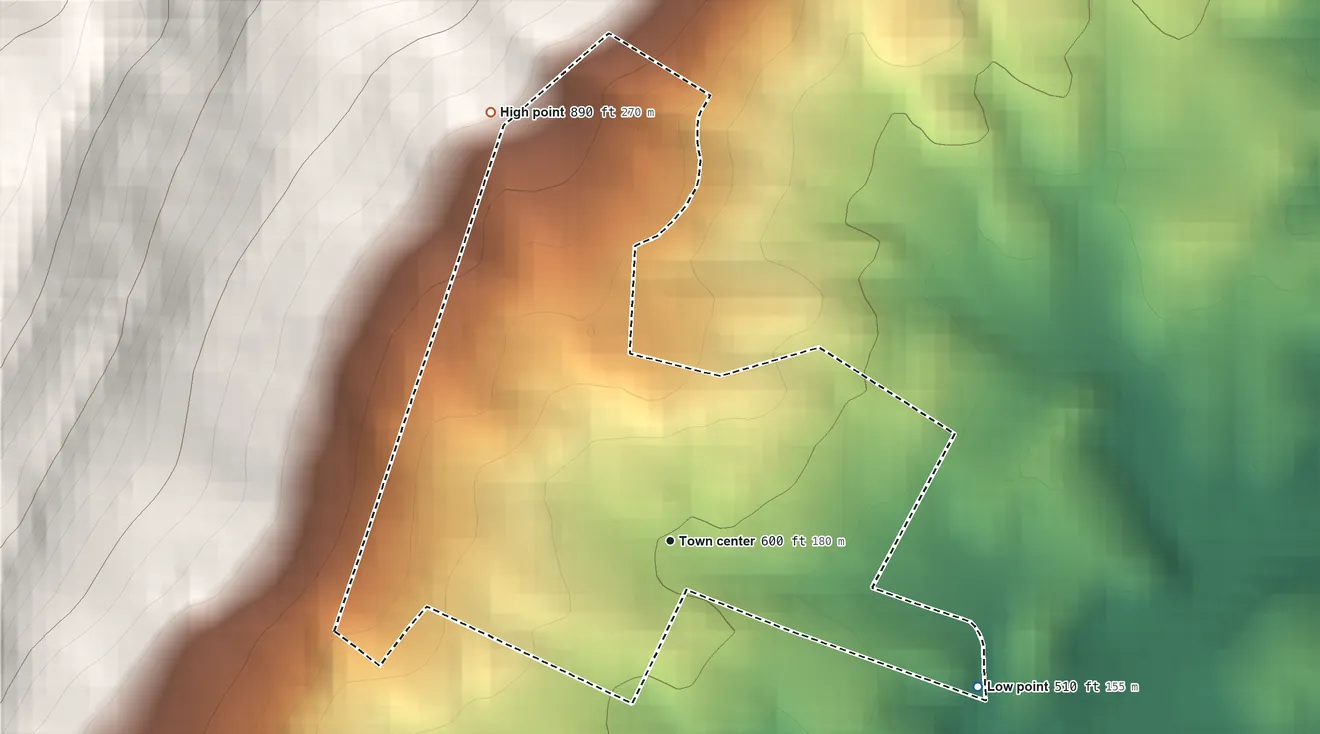 Topographic elevation map of Yarrowsburg, Maryland, shaded from 510 ft on the southeast side to 890 ft on the northwest edge, below higher ground just outside