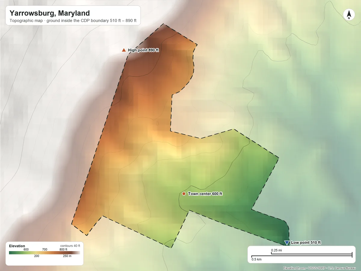 Topographic elevation map of Yarrowsburg, Maryland, shaded from 510 ft on the southeast side to 890 ft on the northwest edge, below higher ground just outside