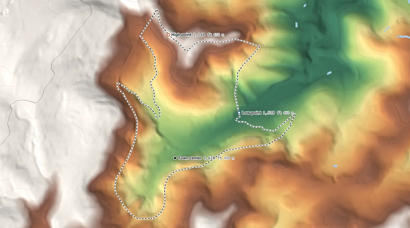 Topographic elevation map of Zihlman, Maryland, shaded from 1,510 ft on the northeast side to 2,140 ft on the north edge, below higher ground just outside