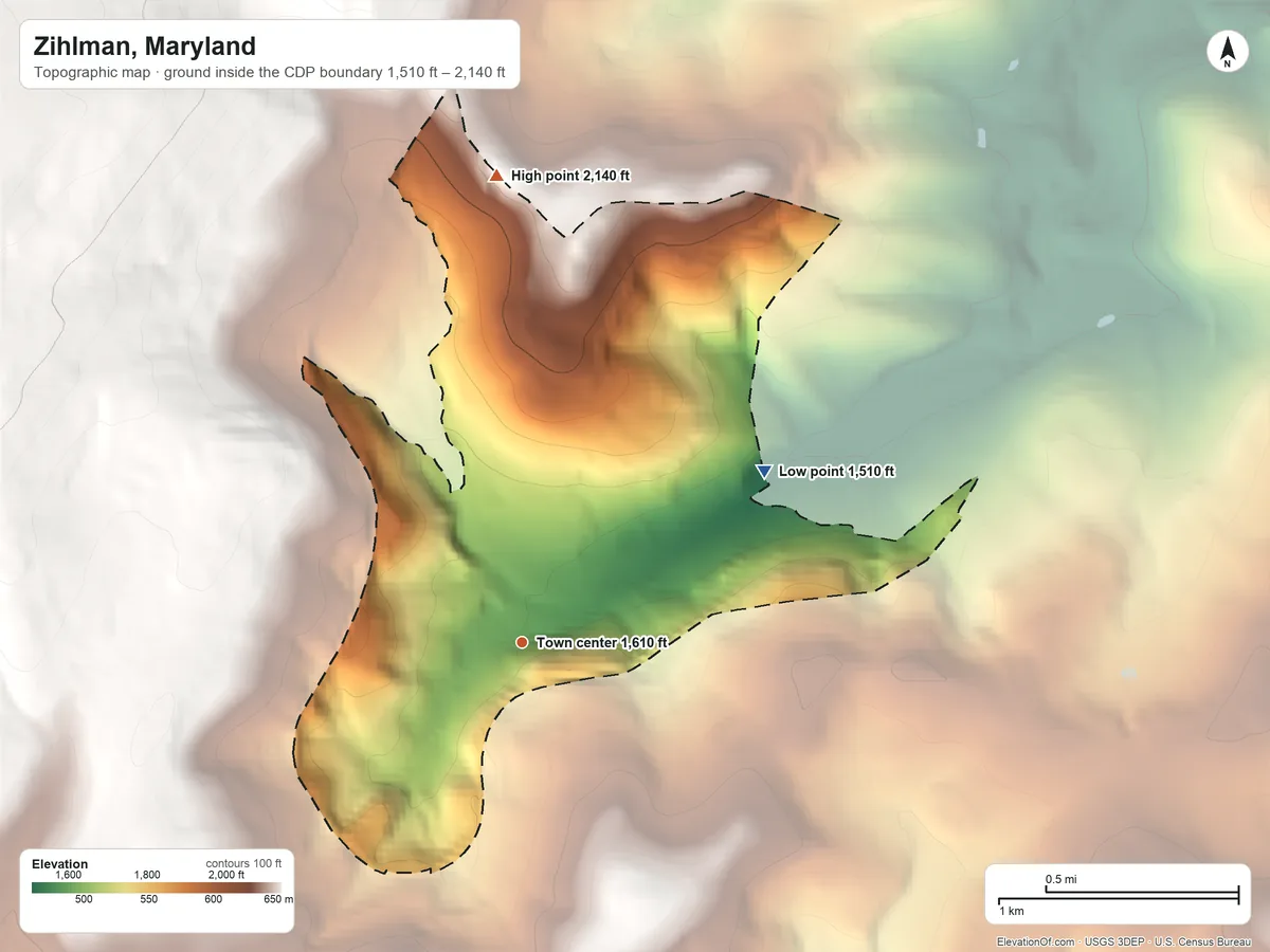 Topographic elevation map of Zihlman, Maryland, shaded from 1,510 ft on the northeast side to 2,140 ft on the north edge, below higher ground just outside