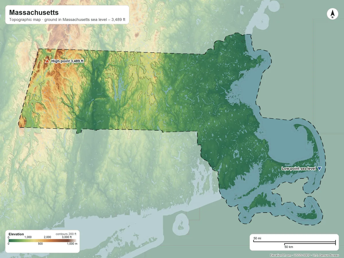 Topographic elevation map of Massachusetts, shaded from sea level on the Atlantic Ocean to 3,489 ft on Mount Greylock