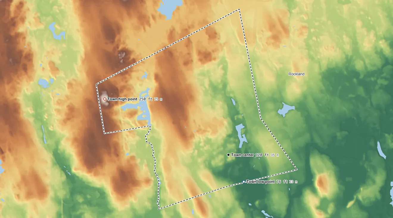 Topographic elevation map of Abington, Massachusetts, shaded from 76 ft on the southeast side to 250 ft on the northwest side