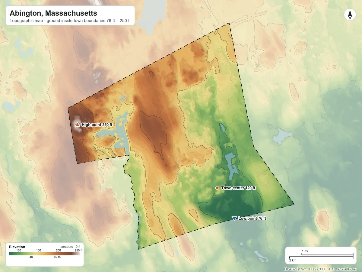 Topographic elevation map of Abington, Massachusetts, shaded from 76 ft on the southeast side to 250 ft on the northwest side