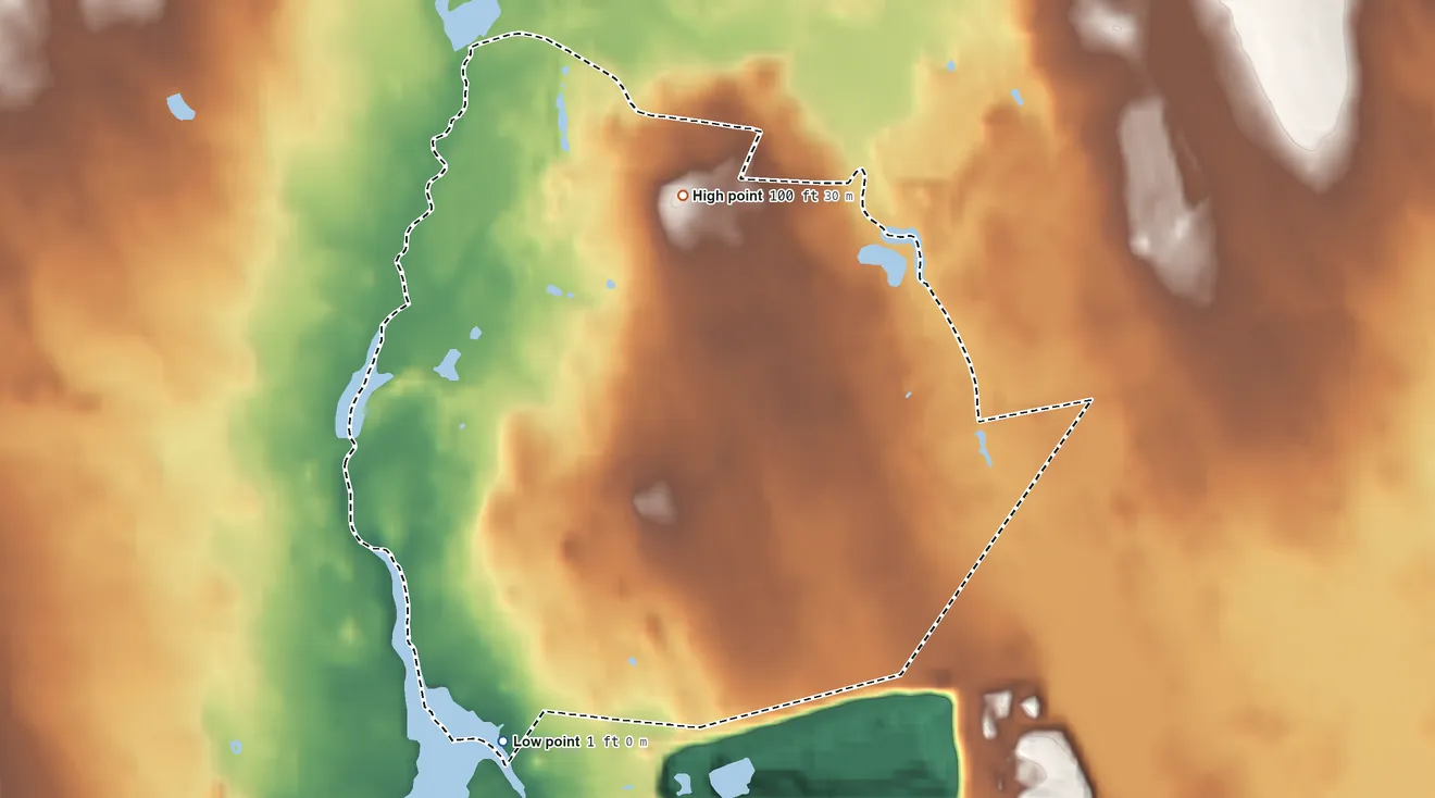 Topographic elevation map of Acushnet Center, Massachusetts, shaded from 1 ft on the southwest side to 100 ft on the north side