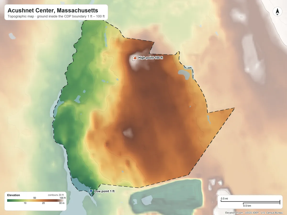 Topographic elevation map of Acushnet Center, Massachusetts, shaded from 1 ft on the southwest side to 100 ft on the north side