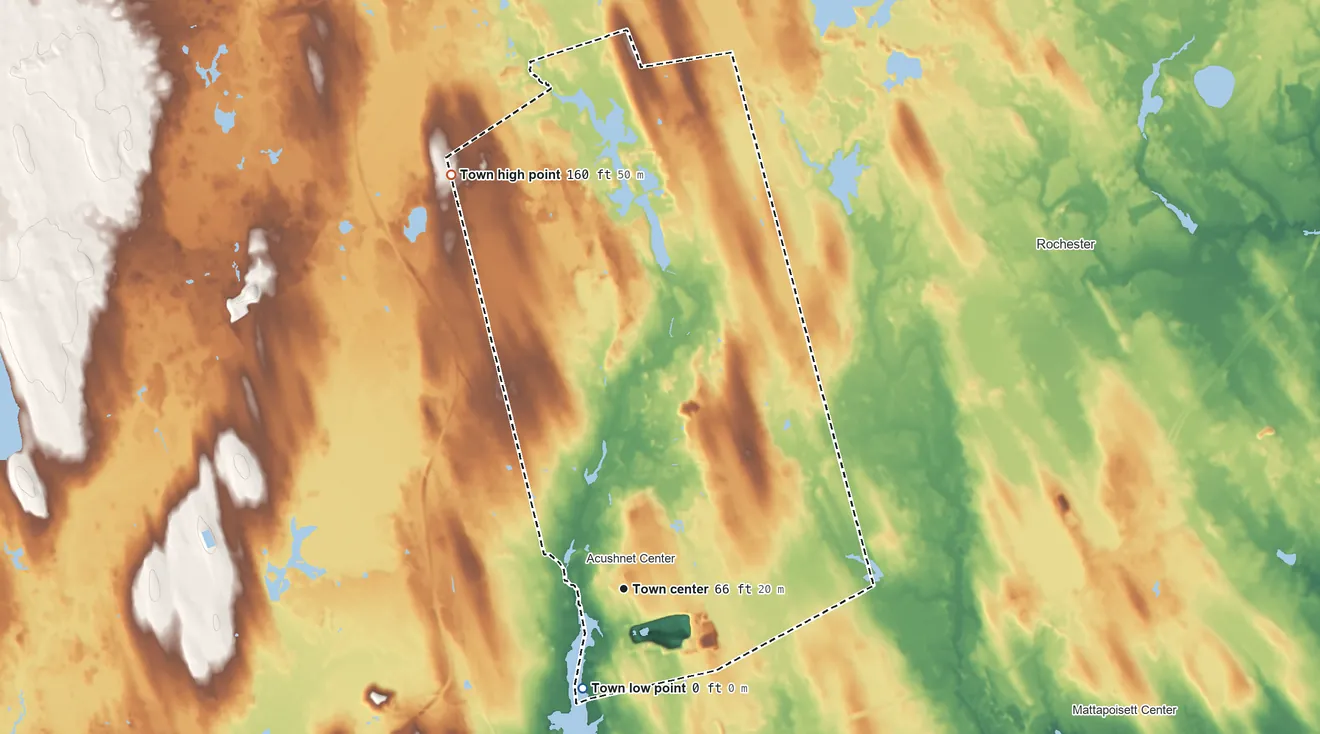 Topographic elevation map of Acushnet, Massachusetts, shaded from 0 ft on the southwest side to 160 ft on the northwest side