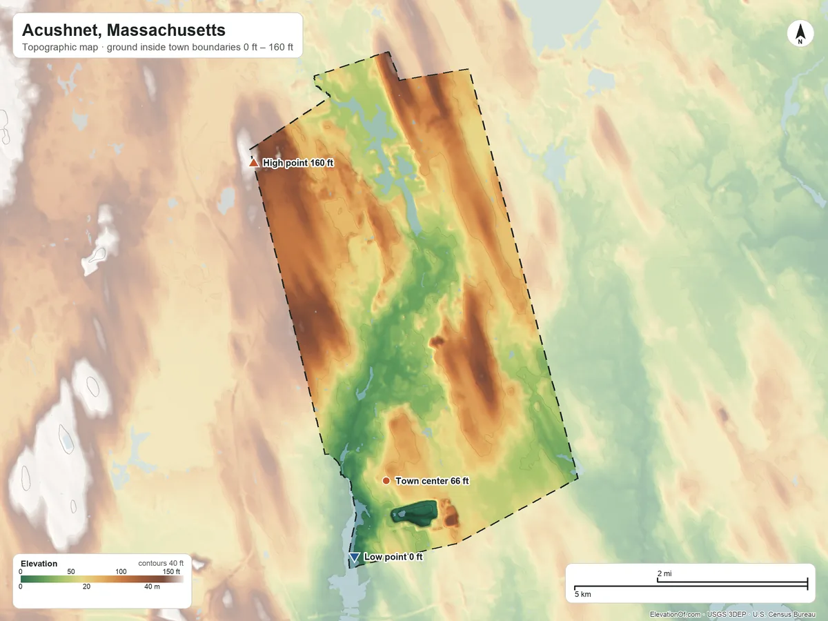 Topographic elevation map of Acushnet, Massachusetts, shaded from 0 ft on the southwest side to 160 ft on the northwest side
